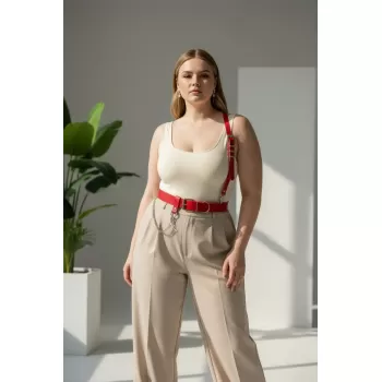 Büyük Beden Kırmızı Kadın Kemer Zincir Detaylı Harness Vücut Aksesuarı - APFT620