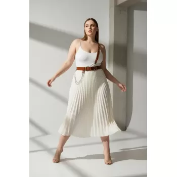 Büyük Beden Taba Kadın Hakiki Deri Omuz Askılı Vücut Kemer Zincir Detaylı - APFT620