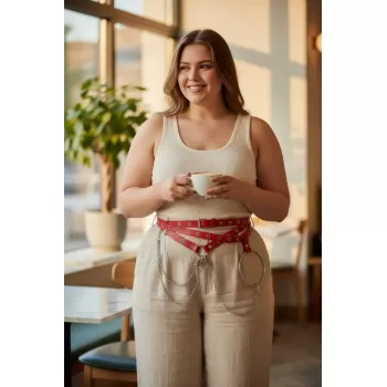 Büyük Beden Kırmızı Kadın Kemer Çoklu Kayışlı Zincir ve Halka Detaylı - APFT621