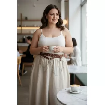 Büyük Beden Kahverengi Kadın Kemer Zincir Detaylı Halkalı Elbise Kombini - APFT621