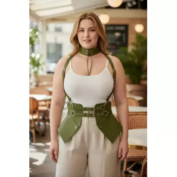 Büyük Beden Haki Kadın Kemer Omuz Askılı Deri Korse Tarzı - APFT622