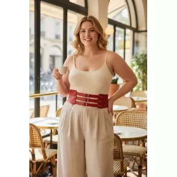 Büyük Beden Kırmızı Kadın Kemer Üç Tokalı Kalın Korse Detaylı - APFT624