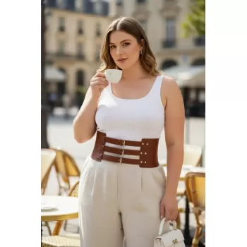 Büyük Beden Taba Kadın Kemer Üç Tokalı Korse Stil Bel Vurgulayıcı - APFT624