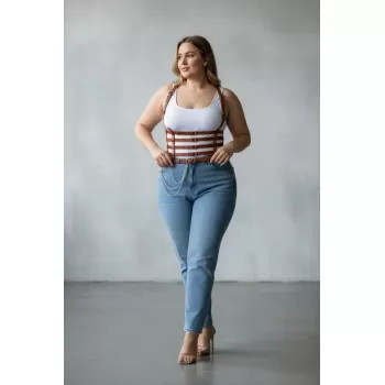 Büyük Beden Taba Kadın Kemer Zincir Detaylı Korse Tarzı Deri Harness - APFT626