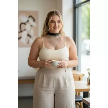 Büyük Beden Siyah Kadın Kemer Zincir Detaylı Maksimalist Tasarım - APFT629