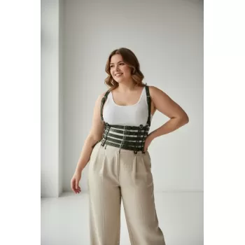 Büyük Beden Haki Kadın Kemer Omuz Askılı Deri Korse Stil Geniş Aksesuar - APFT630