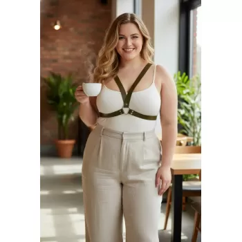 Büyük Beden Haki Kadın Kemer Deri Harness Halka Detaylı Vücut Aksesuarı - APFT633