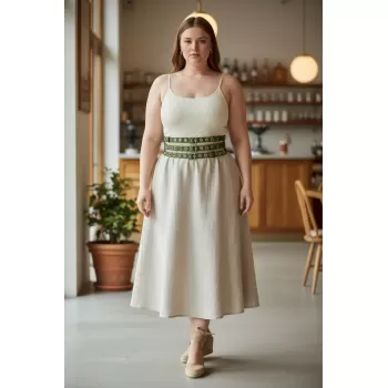 Büyük Beden Haki Kadın Kalın Kemer Çift Sıra Kuş Gözü Detaylı - APFT641