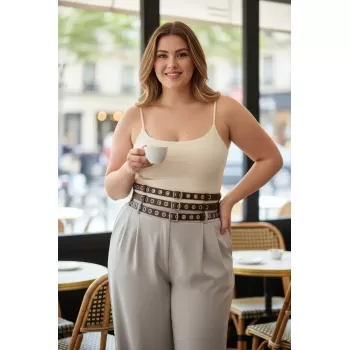 Büyük Beden Koyu Kahve Kadın Geniş Kemer Üç Sıra Metal Halkalı - APFT641