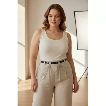 Büyük Beden Siyah Kadın Kemer Katmanlı Zincir Detaylı Kombin Tamamlayıcı - APFT729