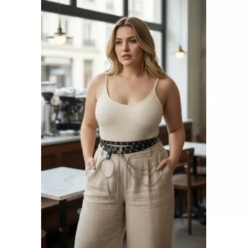 Büyük Beden Siyah Kadın Kemer Zincir ve Halka Detaylı Kombin Tamamlayıcı - APFT731