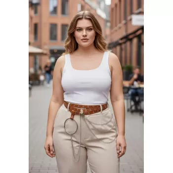 Büyük Beden Taba Kadın Kemer Zincir Detaylı Halkalı Trend Tasarım - APFT731