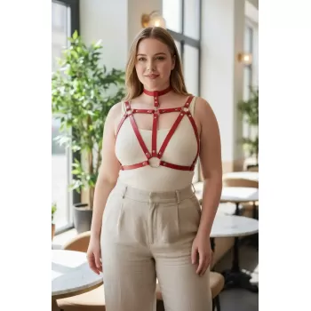 Büyük Beden Kırmızı Kadın Kemer Halka Detaylı Deri Harness Vücut Aksesuarı - APFT747