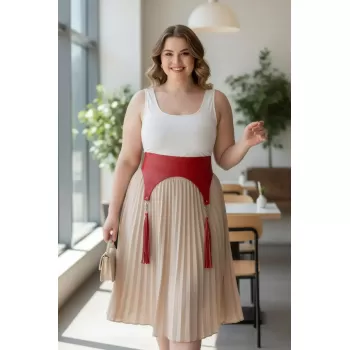 Büyük Beden Kırmızı Kadın Kemer Püskül Detaylı Deri Korse Tasarım - APFT755