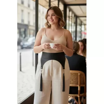 Büyük Beden Siyah Kadın Kemer Geniş Püskül Detaylı Bel Aksesuarı - APFT755