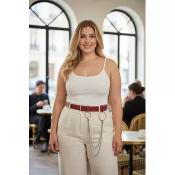 Büyük Beden Bordo Kadın Deri Kemer Halka ve Zincir Detaylı - APFT779