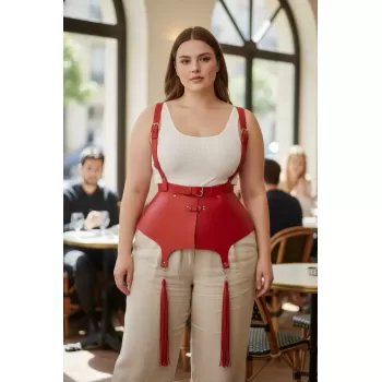Büyük Beden Kırmızı Kadın Kemer Korse Stili Askılı Deri Vücut Aksesuarı - APFT787