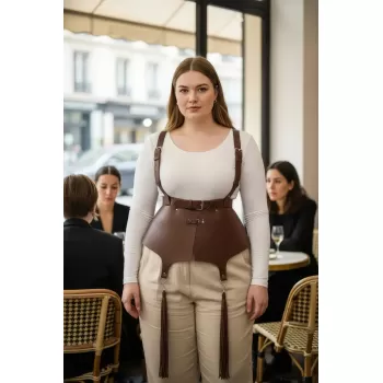 Büyük Beden Kahverengi Kadın Kemer Korse Stil Askılı Püskül Detaylı Deri - APFT787