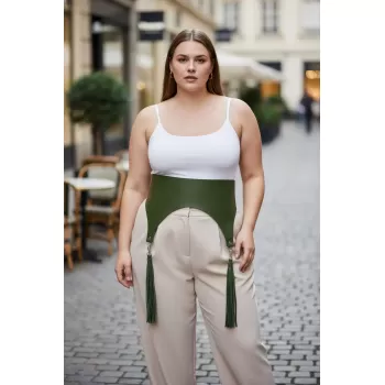 Büyük Beden Haki Kadın Kemer Korse Stil Püskül Detaylı - APFT788