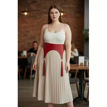 Büyük Beden Kırmızı Kadın Kemer Korsaj Model Püskül Detaylı - APFT788