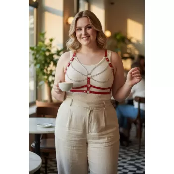 Büyük Beden Kırmızı Kadın Kemer Zincir Detaylı Deri Vücut Aksesuarı - APFT808