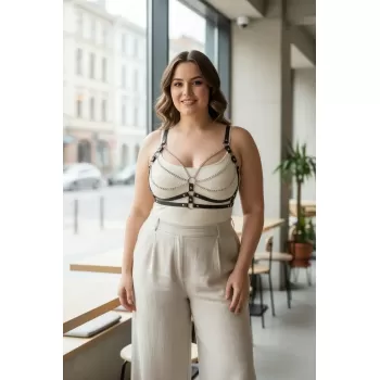 Büyük Beden Siyah Kadın Kemer Deri Zincir Detaylı Vücut Harness - APFT808