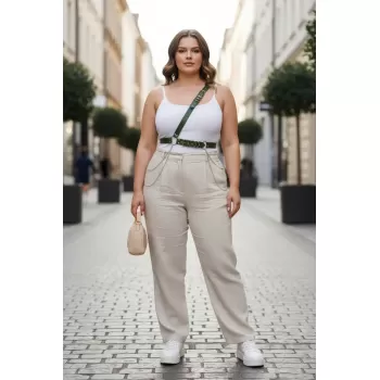 Büyük Beden Haki Kadın Deri Vücut Kemeri Zincir Detaylı - APFT813