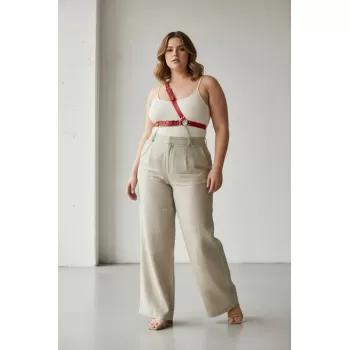 Büyük Beden Kırmızı Kadın Deri Harness Kemer Zincir Detaylı Vücut Aksesuarı - APFT813