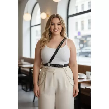 Büyük Beden Siyah Kadın Kemer Zincir Detaylı Body Harness Stil Vücut Aksesuarı - APFT813