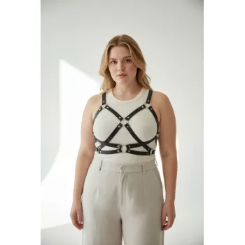 Büyük Beden Siyah Kadın Kemer Halka Detaylı Deri Harness Vücut Aksesuarı - APFT816
