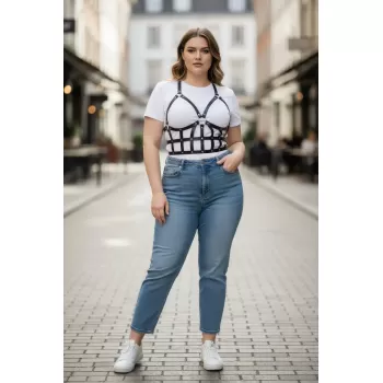 Büyük Beden Siyah Kadın Kemer Deri Vücut Harness Kombin Tamamlayıcı - APFT819