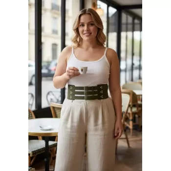 Büyük Beden Haki Kadın Deri Korse Kemer, Üç Kayışlı Kalın Bel Aksesuarı - APFT827