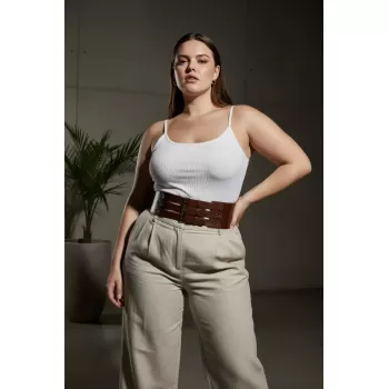 Büyük Beden Kahverengi Kadın Kemer Geniş Bel Korse Detaylı - APFT827