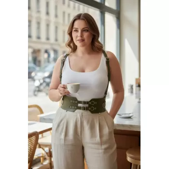 Büyük Beden Haki Kadın Deri Kemer Omuz Askılı Kuşgözü Detaylı Korse Model - APFT853