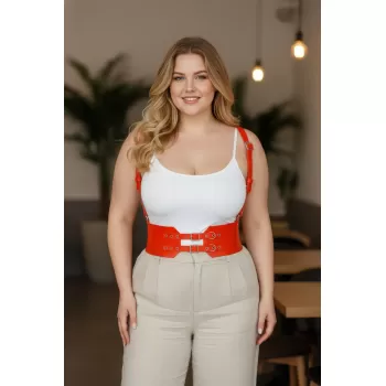 Büyük Beden Turuncu Kadın Kemer Askılı Korse Görünümlü Çift Tokalı Deri - APFT853