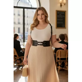 Büyük Beden Siyah Kadın Deri Kemer Geniş Korse Görünümlü Omuz Askılı - APFT853