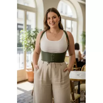 Büyük Beden Haki Kadın Korse Kemer Bağcıklı Detaylı Estetik Tasarım - APFT855