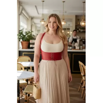 Büyük Beden Kırmızı Kadın Kemer Bağcıklı Korse Stili Omuz Askılı - APFT855