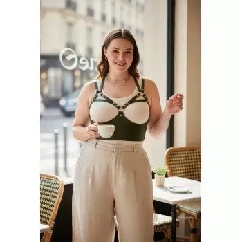 Büyük Beden Haki Kadın Kemer Perçin Detaylı Deri Harness Vücut Kuşağı - APFT872