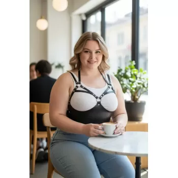 Büyük Beden Siyah Kadın Kemer Halka Detaylı Deri Sütyen Harness Vücut Aksesuarı - APFT872
