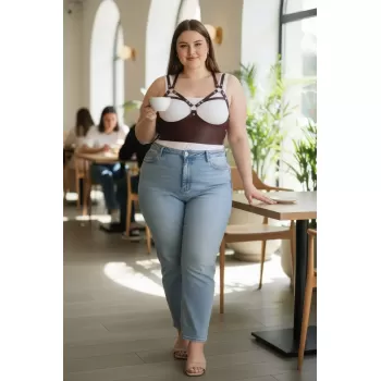 Büyük Beden Bordo Kadın Kemer Askılı Korse Stil Zımba Detaylı - APFT872