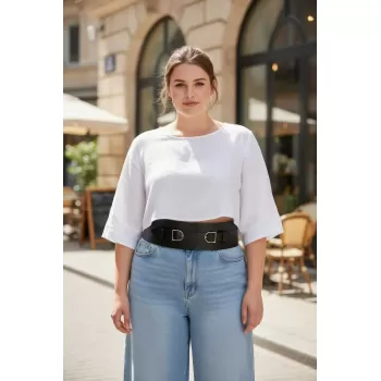 Büyük Beden Siyah Kadın Kemer Geniş Korse Model Çift Tokalı - APFT875