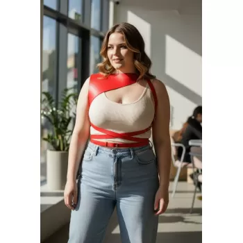 Büyük Beden Kırmızı Kadın Kemer Omuz Detaylı Deri Kombin Aksesuarı - APFT903