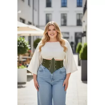 Büyük Beden Haki Kadın Korse Kemer, Zımba Detaylı Kalın Bel Aksesuarı - APFT905