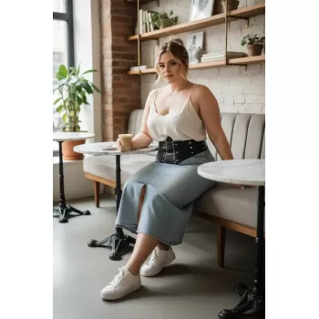 Büyük Beden Siyah Kadın Korse Kemer, Geniş ve Kuşgözü Detaylı - APFT905