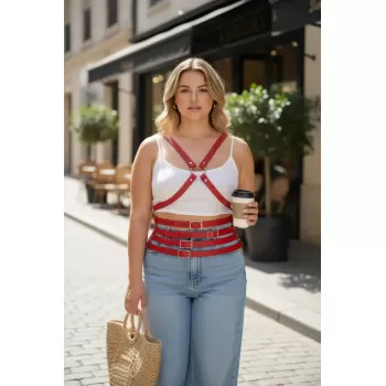 Büyük Beden Kırmızı Kadın Kemer Omuzdan Askılı Deri Korse Görünümlü - APFT911