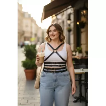 Büyük Beden Siyah Kadın Deri Kemer Çapraz Askılı Body Harness Vücut Aksesuarı - APFT911