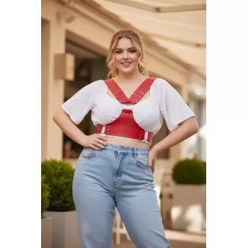 Büyük Beden Kırmızı Kadın Kemer Deri Korse Stil Zımbalı Askılı - APFT936