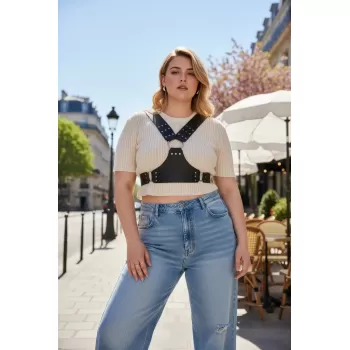 Büyük Beden Siyah Kadın Kemer Zımba Detaylı Vücut Kuşağı - APFT936