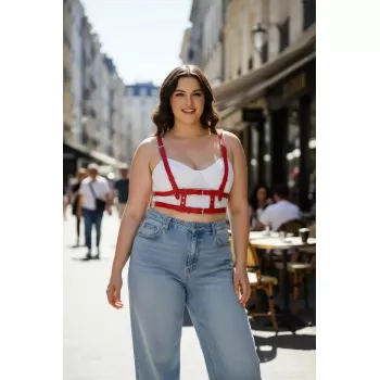 Büyük Beden Kırmızı Kadın Kemer Askılı Deri Harness Vücut Aksesuarı - APFT941